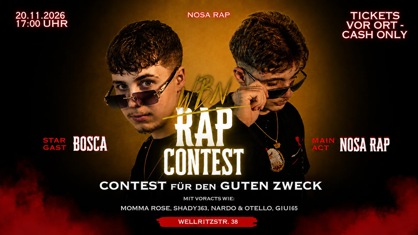 Flyer zum WBN Rap Contest am 20. November — Main Act Nosa Rap, Stargast Bosca, Bürgersaal Wellritzstraße 38, Wiesbaden